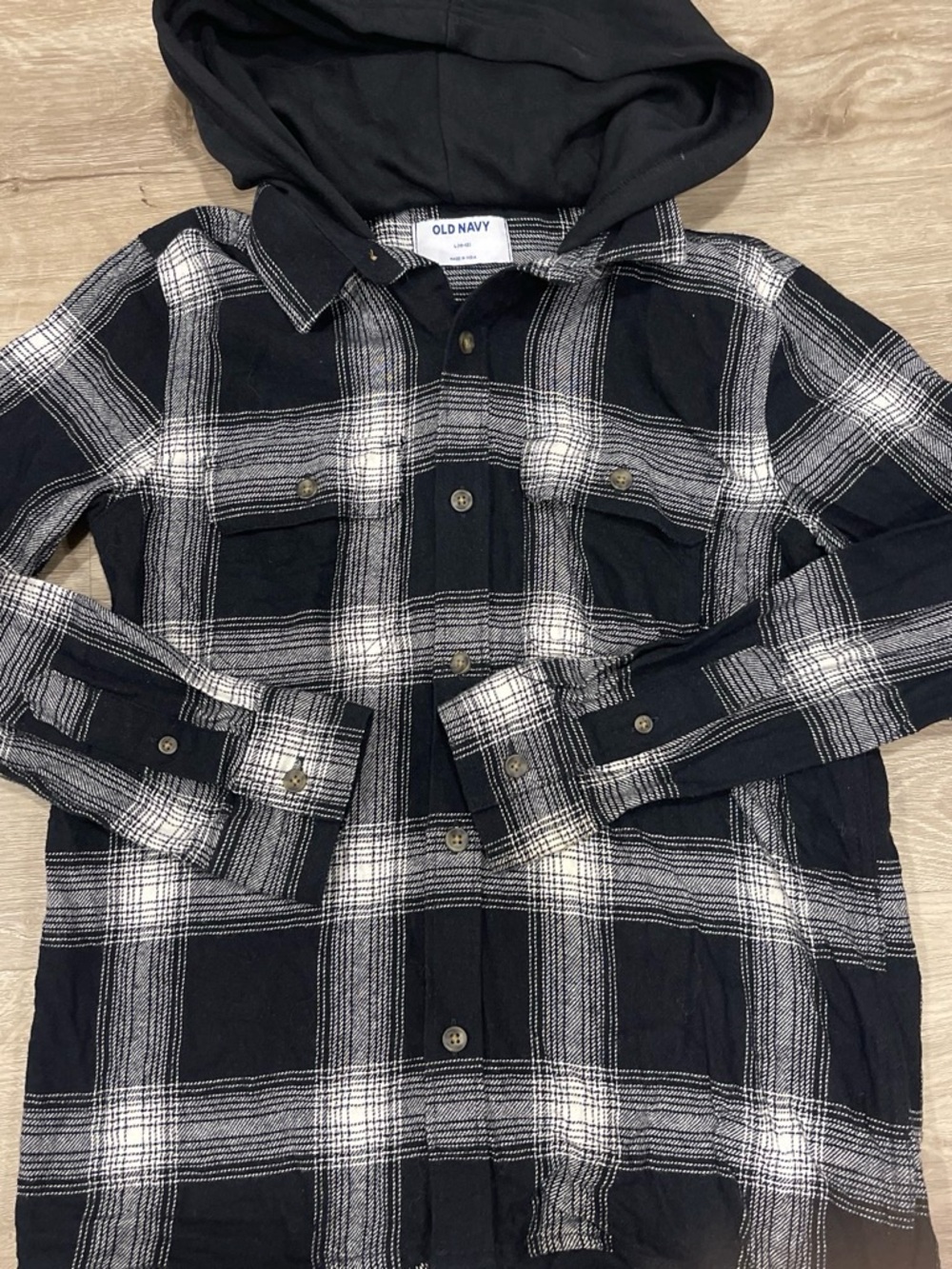 Old Navy Kids Black & White Plaid Hooded Shirt size 10-12